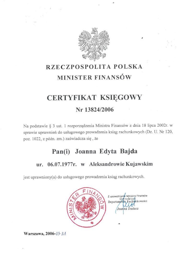Certyfikat lub wyróżnienie biura — dokument 1