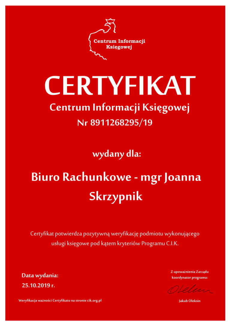 Certyfikat lub wyróżnienie biura — dokument 2