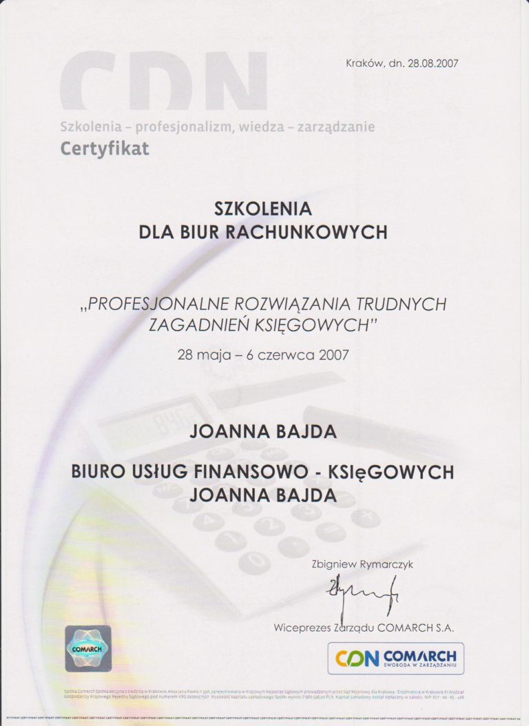 Certyfikat lub wyróżnienie biura — dokument 5