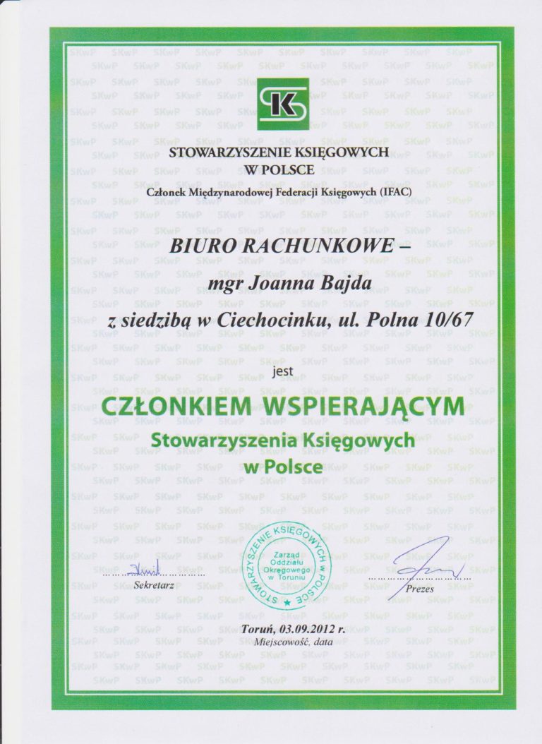 Certyfikat lub wyróżnienie biura — dokument 4